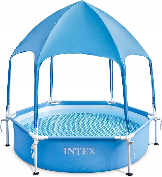 INTEX 6ft x 15in Metal Frame Above Ground Swimming Pool With Canopy Built-in Sprayer
