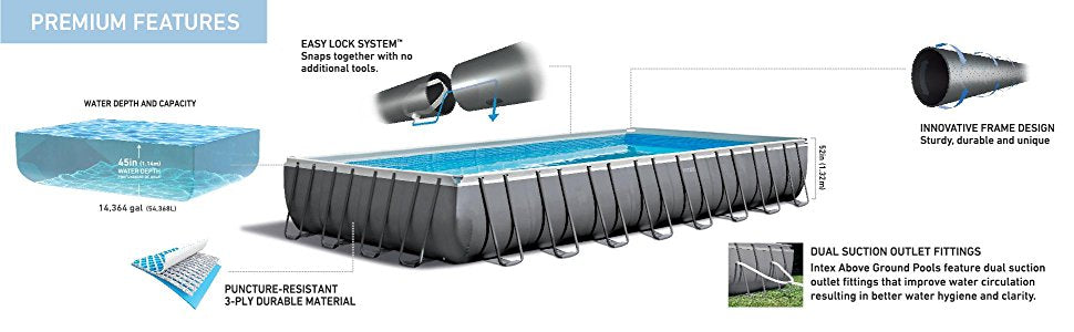 INTEX 32ft X 16ft X 52in Ultra XTR Rectangular Pool Set with Sand Filter Pump, Ladder & Ground Cloth, Pool Cover