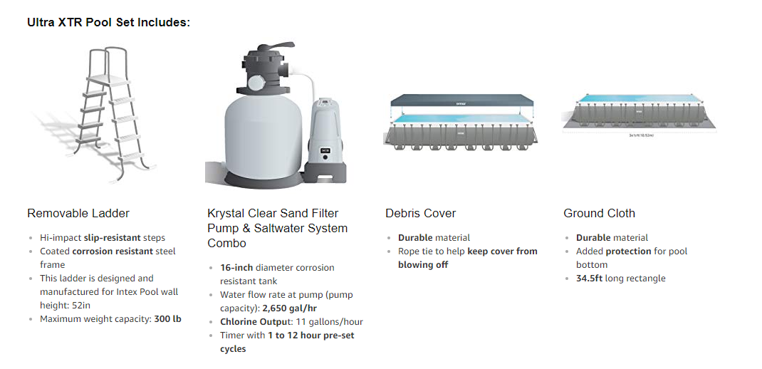 INTEX 32ft X 16ft X 52in Ultra XTR Rectangular Pool Set with Sand Filter Pump, Ladder & Ground Cloth, Pool Cover
